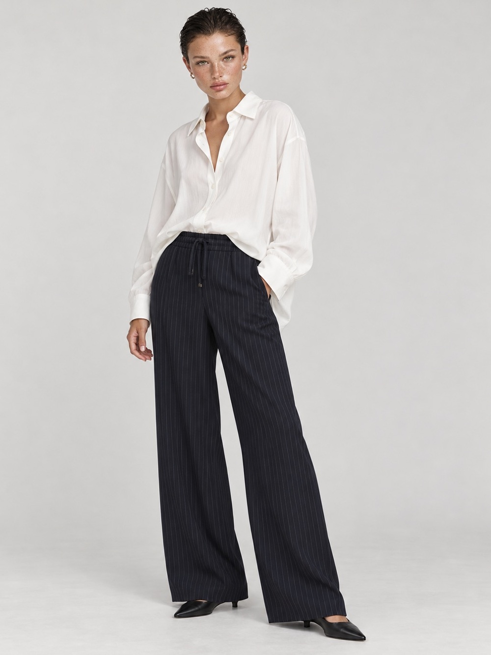 Aritzia Navy Pinstripe Wide Leg Pants
